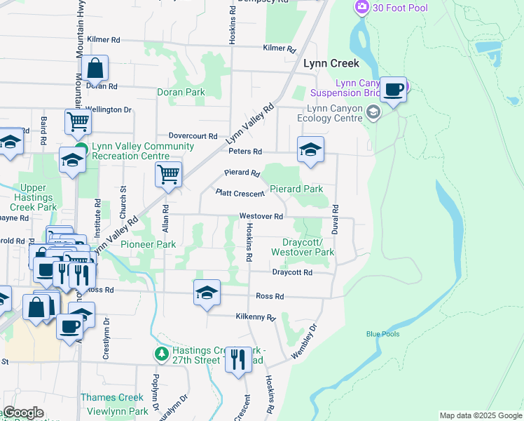 map of restaurants, bars, coffee shops, grocery stores, and more near 1728 Westover Road in North Vancouver
