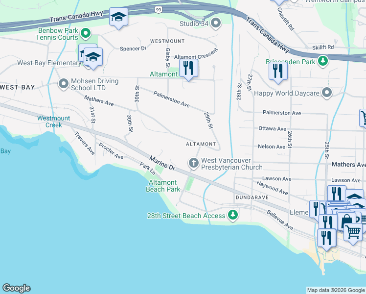 map of restaurants, bars, coffee shops, grocery stores, and more near 2920 Mathers Avenue in West Vancouver