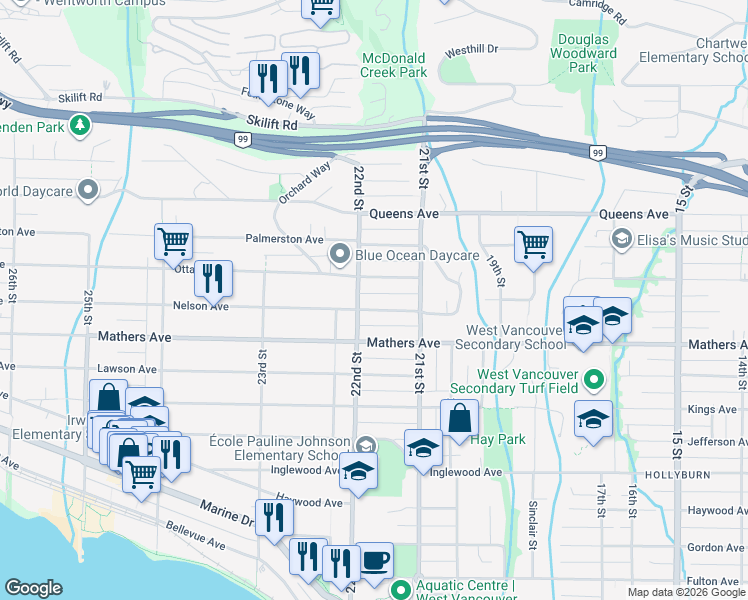 map of restaurants, bars, coffee shops, grocery stores, and more near 2175 Nelson Avenue in West Vancouver