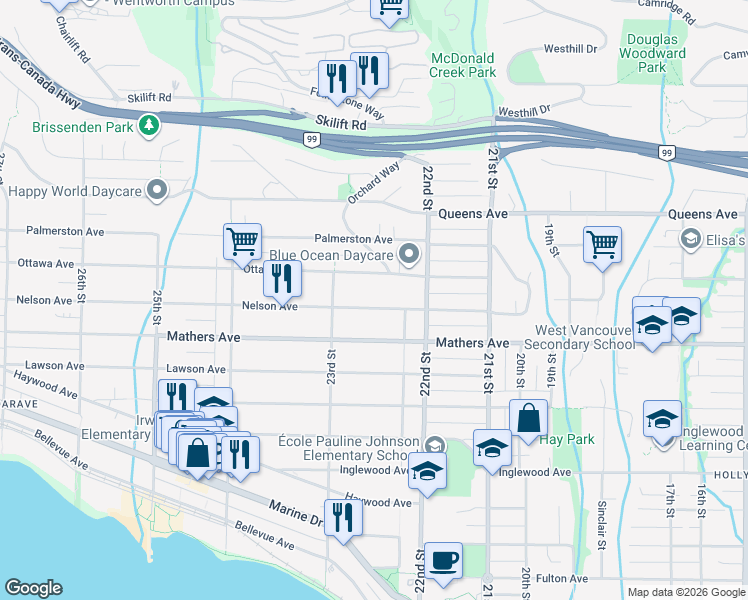 map of restaurants, bars, coffee shops, grocery stores, and more near 2259 Nelson Avenue in West Vancouver