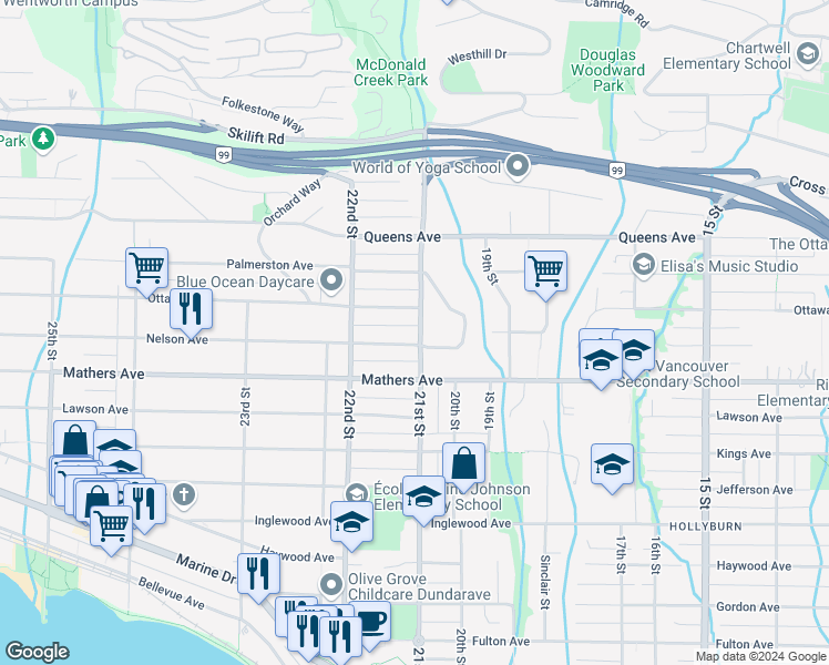 map of restaurants, bars, coffee shops, grocery stores, and more near 2109 Nelson Avenue in West Vancouver