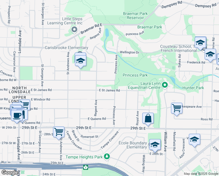 map of restaurants, bars, coffee shops, grocery stores, and more near 658 East Saint James Road in North Vancouver