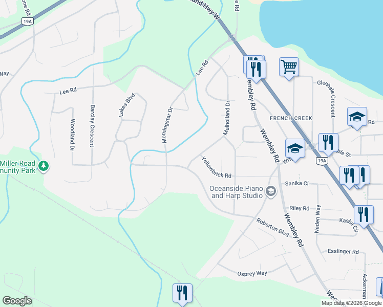 map of restaurants, bars, coffee shops, grocery stores, and more near 779 Mulholland Drive in Parksville