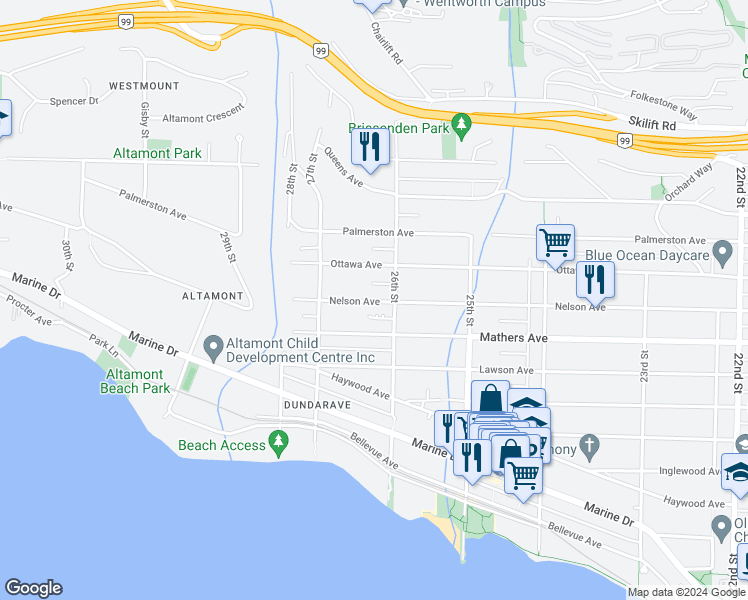 map of restaurants, bars, coffee shops, grocery stores, and more near 2625 Nelson Avenue in West Vancouver