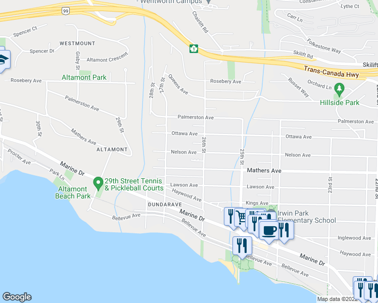 map of restaurants, bars, coffee shops, grocery stores, and more near 2643 Nelson Avenue in West Vancouver
