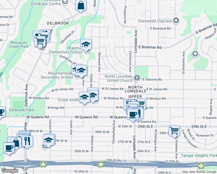 map of restaurants, bars, coffee shops, grocery stores, and more near 234 West Saint James Road in North Vancouver