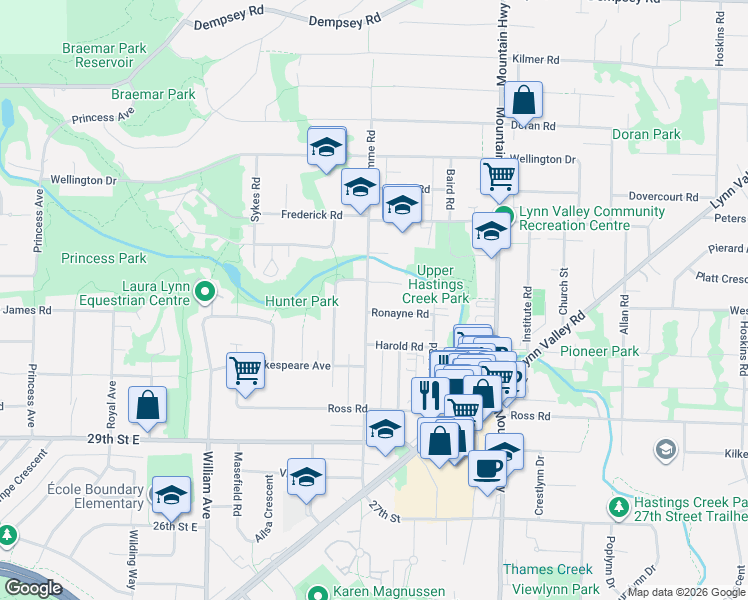 map of restaurants, bars, coffee shops, grocery stores, and more near 3342 Fromme Road in North Vancouver