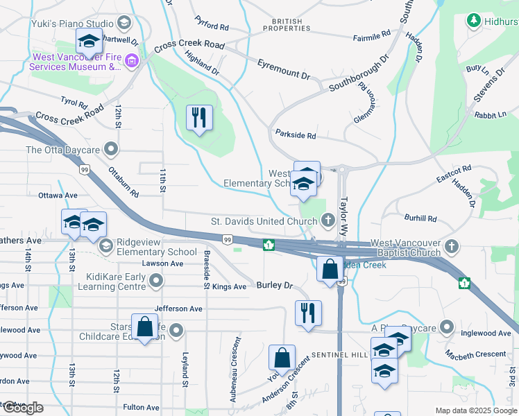 map of restaurants, bars, coffee shops, grocery stores, and more near 875 Wildwood Lane in West Vancouver