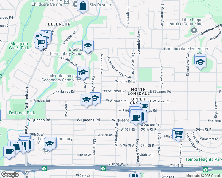 map of restaurants, bars, coffee shops, grocery stores, and more near 234 West Saint James Road in North Vancouver