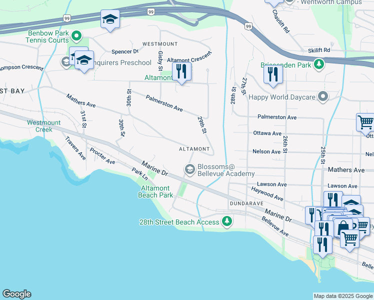 map of restaurants, bars, coffee shops, grocery stores, and more near 2912 Mathers Avenue in West Vancouver