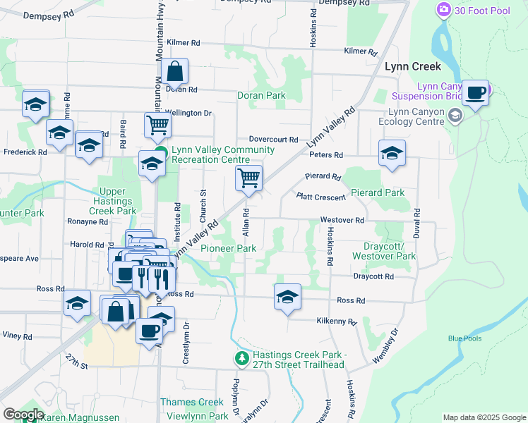 map of restaurants, bars, coffee shops, grocery stores, and more near 1554 Westover Road in North Vancouver