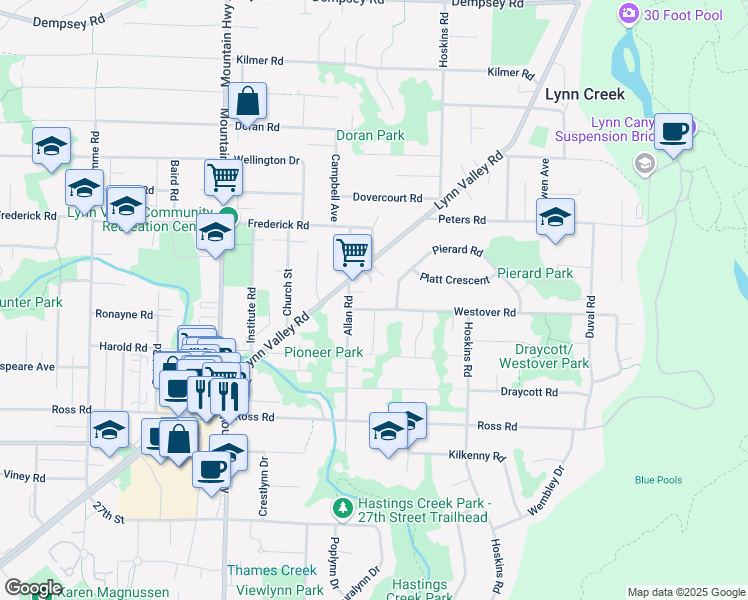 map of restaurants, bars, coffee shops, grocery stores, and more near 1554 Westover Road in North Vancouver