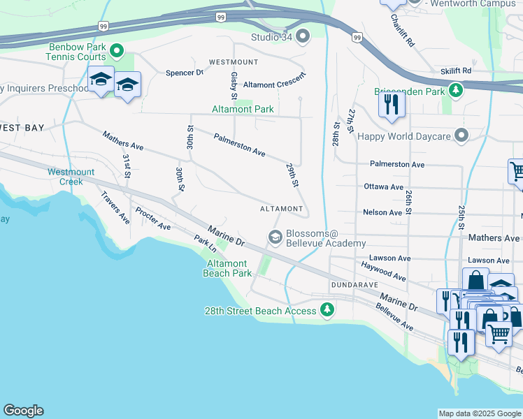 map of restaurants, bars, coffee shops, grocery stores, and more near 2918 Mathers Avenue in West Vancouver