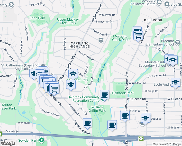 map of restaurants, bars, coffee shops, grocery stores, and more near 3267 Fairmont Road in North Vancouver