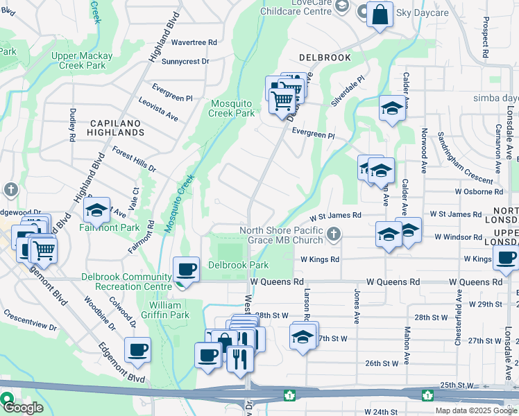 map of restaurants, bars, coffee shops, grocery stores, and more near 693 Saint Ives Crescent in North Vancouver