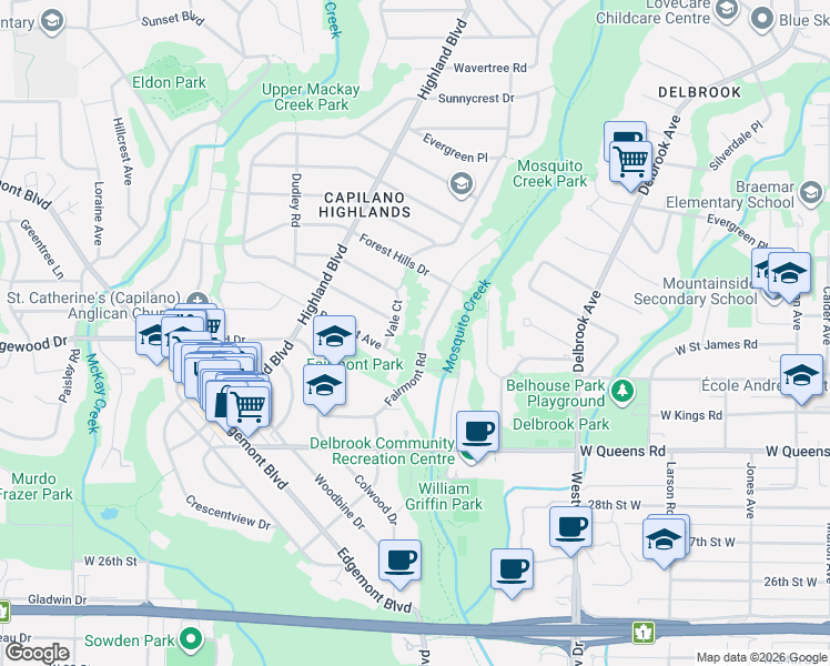 map of restaurants, bars, coffee shops, grocery stores, and more near 3267 Fairmont Road in North Vancouver