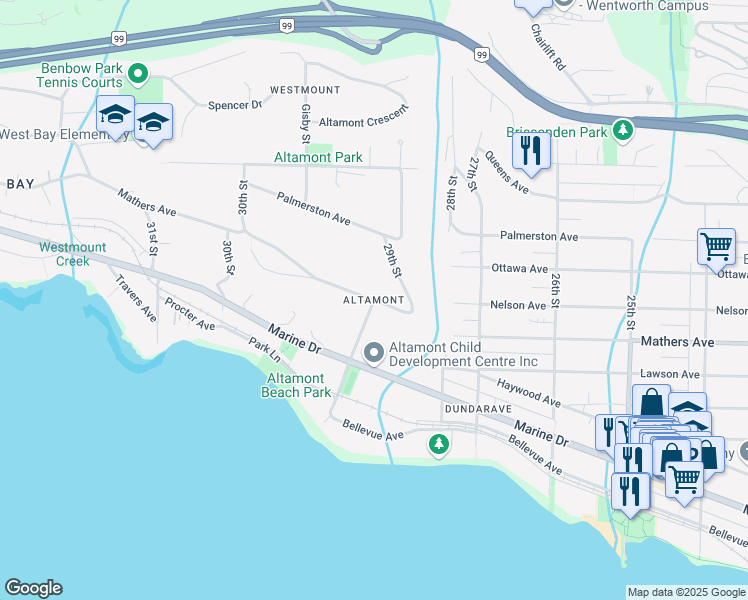 map of restaurants, bars, coffee shops, grocery stores, and more near 29th Street in West Vancouver