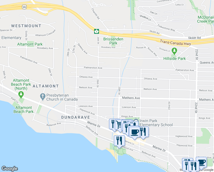 map of restaurants, bars, coffee shops, grocery stores, and more near 2559 Nelson Avenue in West Vancouver