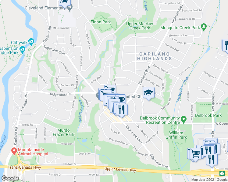 map of restaurants, bars, coffee shops, grocery stores, and more near 1050 Ayr Avenue in North Vancouver