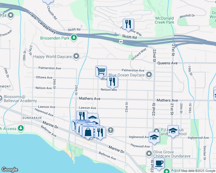 map of restaurants, bars, coffee shops, grocery stores, and more near 2367 Nelson Avenue in West Vancouver