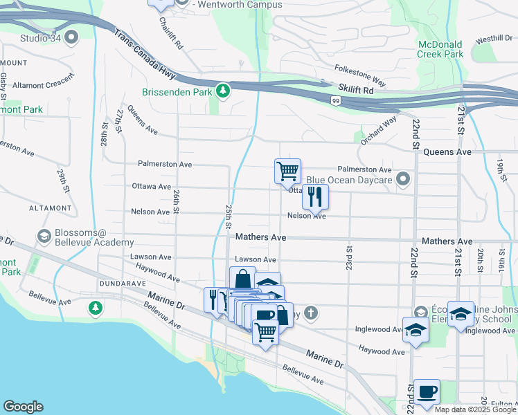 map of restaurants, bars, coffee shops, grocery stores, and more near Nelson Avenue in West Vancouver