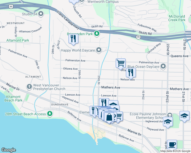 map of restaurants, bars, coffee shops, grocery stores, and more near 2511 Nelson Avenue in West Vancouver