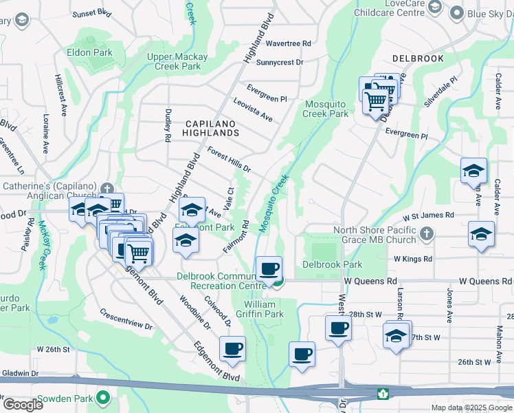 map of restaurants, bars, coffee shops, grocery stores, and more near 3308 Fairmont Road in North Vancouver