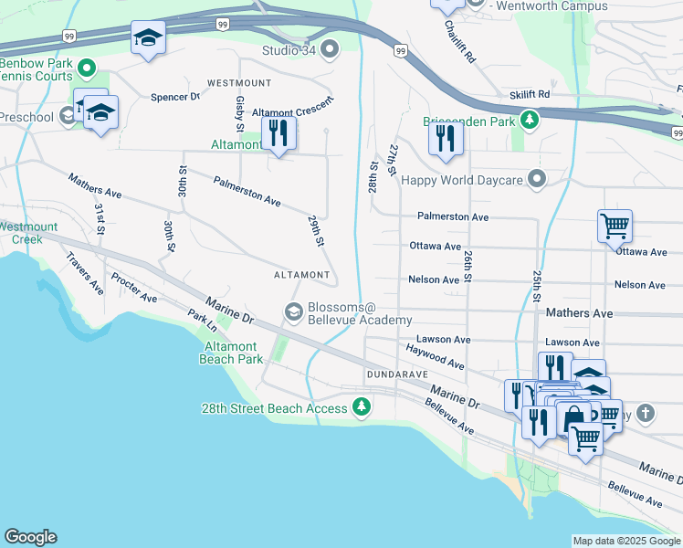 map of restaurants, bars, coffee shops, grocery stores, and more near 29 Street West in Metro Vancouver