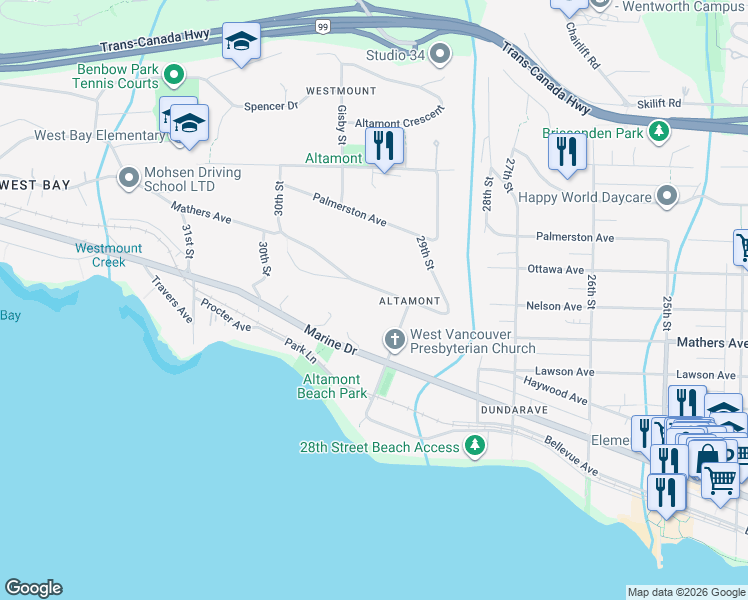 map of restaurants, bars, coffee shops, grocery stores, and more near 2920 Mathers Avenue in West Vancouver