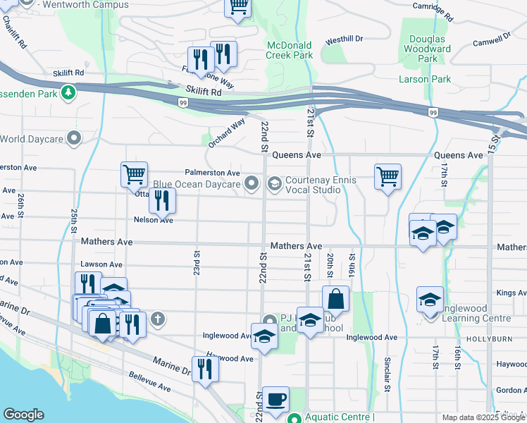 map of restaurants, bars, coffee shops, grocery stores, and more near 1631 22nd Street in West Vancouver