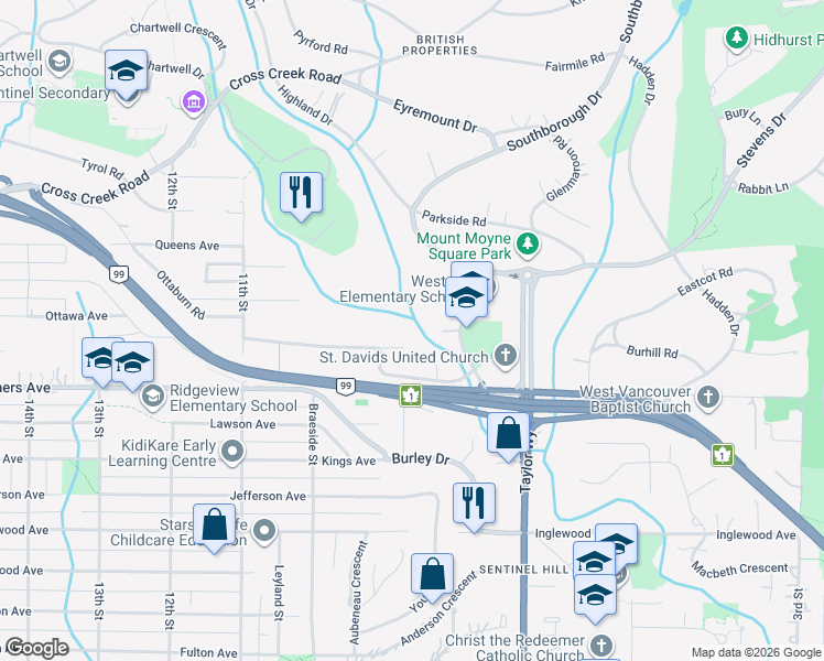 map of restaurants, bars, coffee shops, grocery stores, and more near 865 Wildwood Lane in West Vancouver