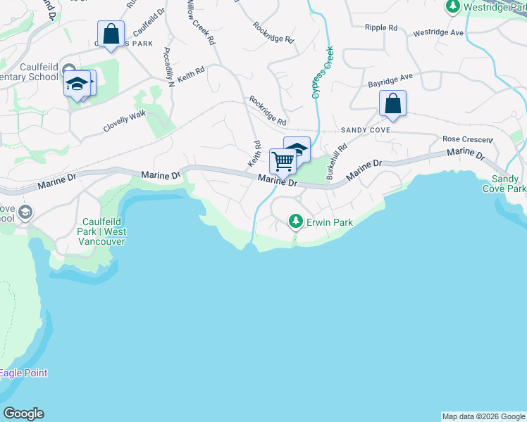 map of restaurants, bars, coffee shops, grocery stores, and more near 4341 Erwin Drive in West Vancouver