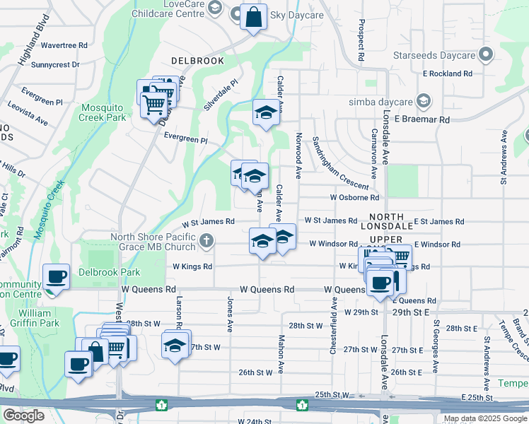 map of restaurants, bars, coffee shops, grocery stores, and more near 3328 Mahon Avenue in North Vancouver
