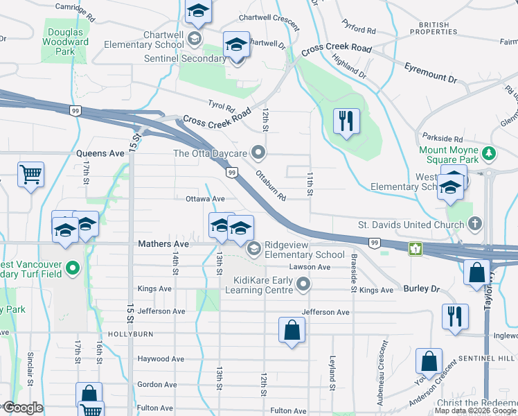 map of restaurants, bars, coffee shops, grocery stores, and more near 1215 Nepal Crescent in West Vancouver