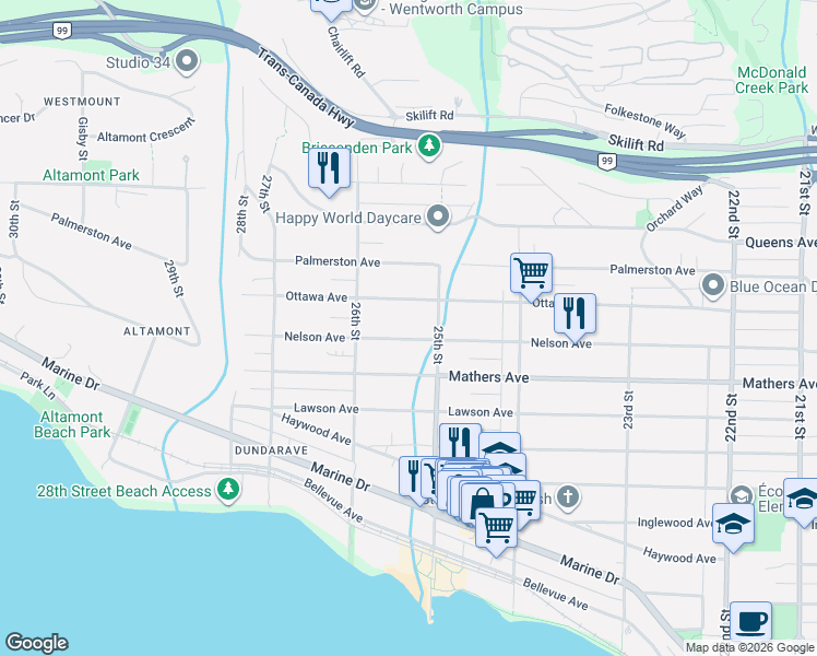 map of restaurants, bars, coffee shops, grocery stores, and more near 2531 Nelson Avenue in West Vancouver