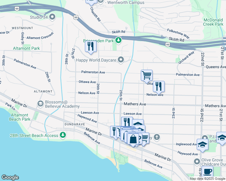 map of restaurants, bars, coffee shops, grocery stores, and more near 2531 Nelson Avenue in West Vancouver