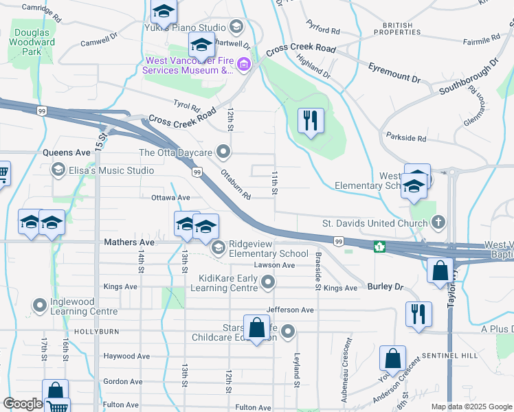 map of restaurants, bars, coffee shops, grocery stores, and more near 1144 Ottaburn Road in West Vancouver