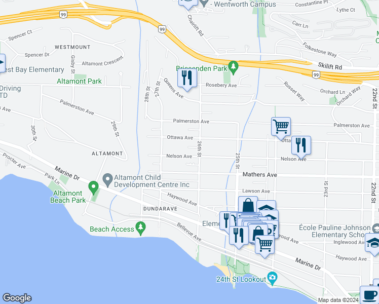 map of restaurants, bars, coffee shops, grocery stores, and more near 2625 Nelson Avenue in West Vancouver