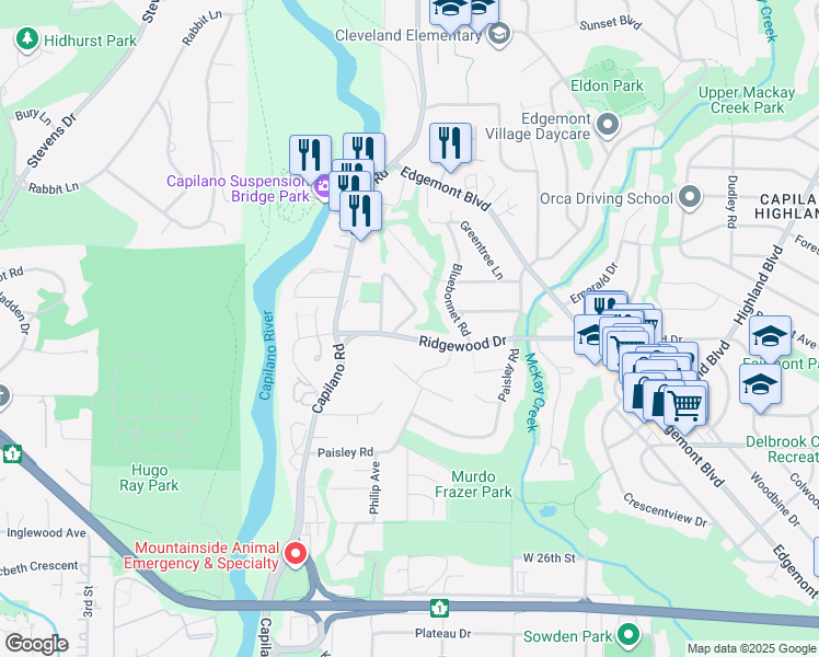 map of restaurants, bars, coffee shops, grocery stores, and more near 1380 Ridgewood Drive in North Vancouver