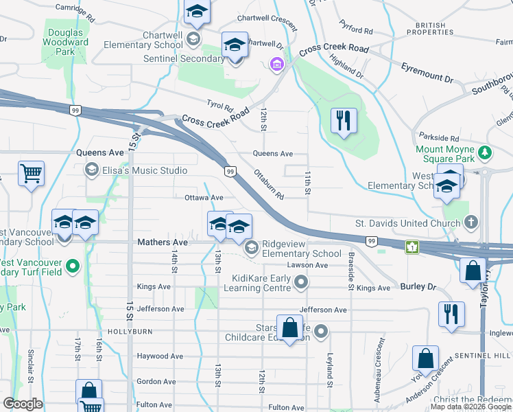 map of restaurants, bars, coffee shops, grocery stores, and more near 1215 Nepal Crescent in West Vancouver