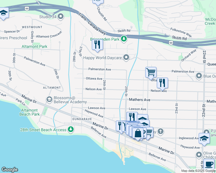map of restaurants, bars, coffee shops, grocery stores, and more near 2585 Nelson Avenue in West Vancouver