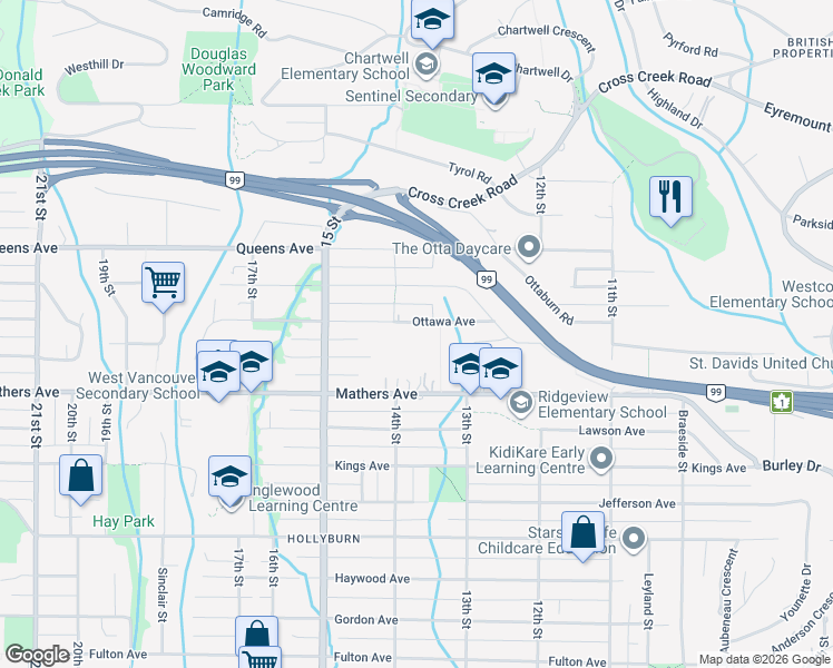 map of restaurants, bars, coffee shops, grocery stores, and more near 1372 Ottawa Avenue in West Vancouver