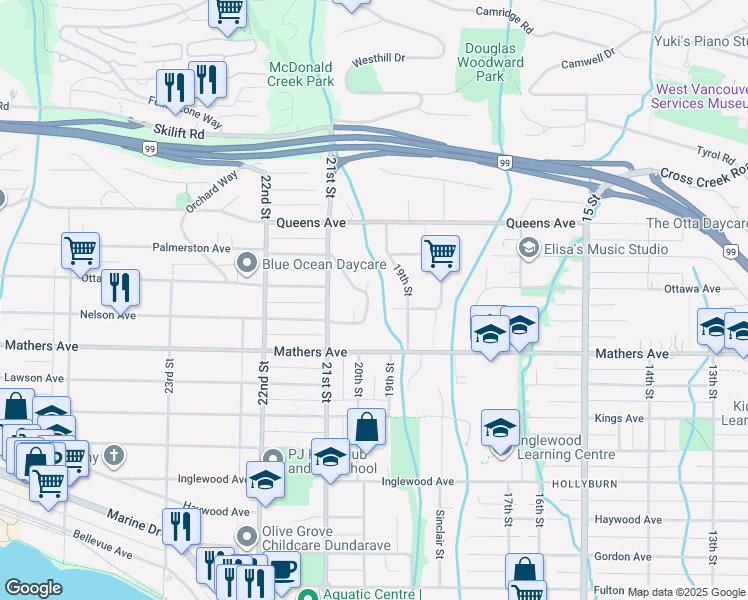 map of restaurants, bars, coffee shops, grocery stores, and more near 2070 Westdean Crescent in West Vancouver