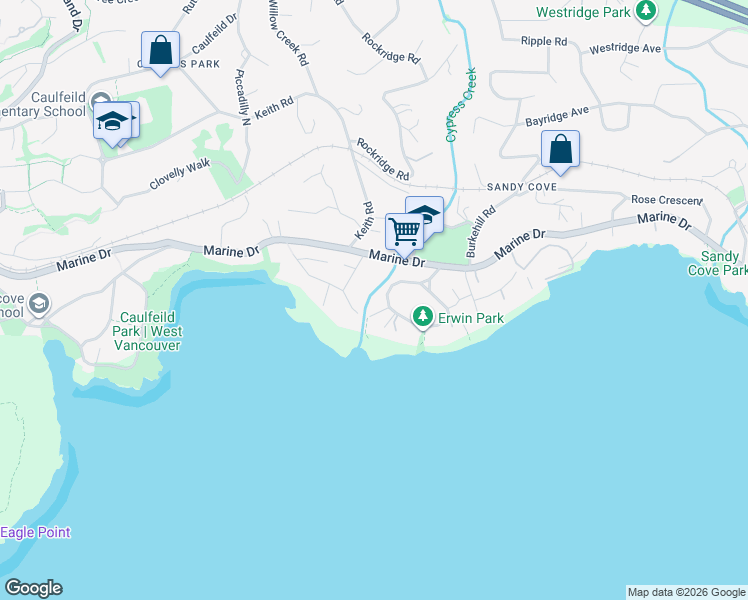 map of restaurants, bars, coffee shops, grocery stores, and more near 4341 Erwin Drive in West Vancouver