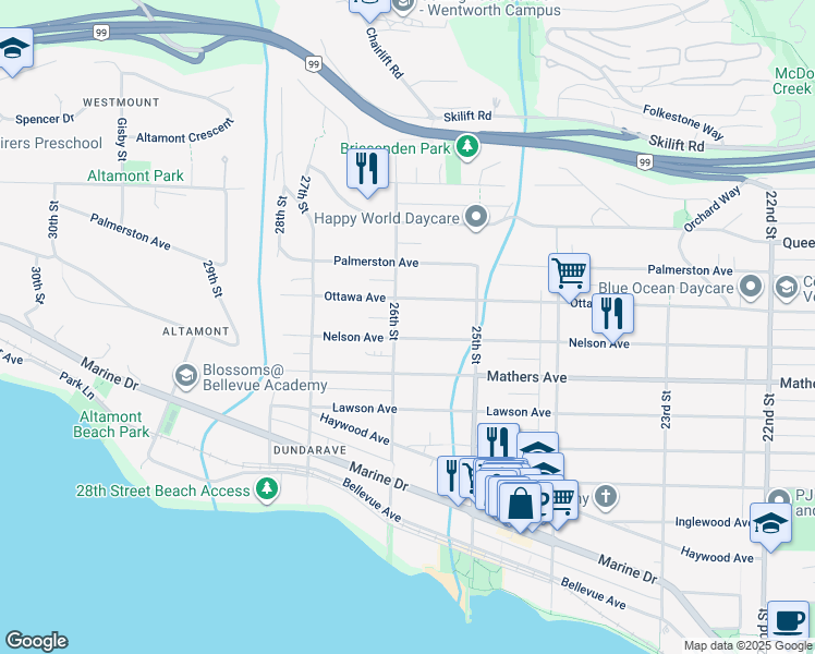 map of restaurants, bars, coffee shops, grocery stores, and more near 2585 Nelson Avenue in West Vancouver