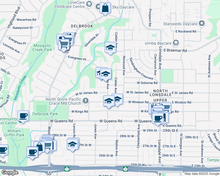 map of restaurants, bars, coffee shops, grocery stores, and more near 3338 Mahon Avenue in North Vancouver