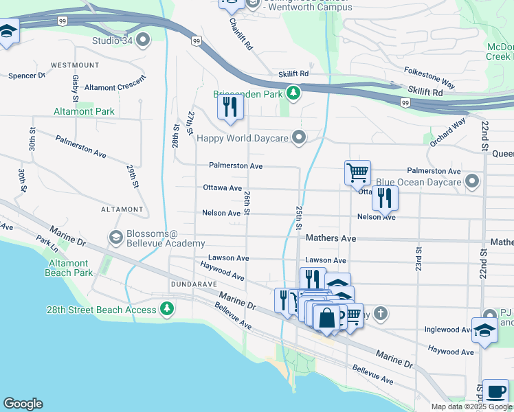 map of restaurants, bars, coffee shops, grocery stores, and more near in West Vancouver
