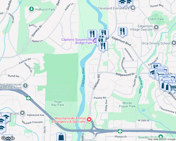 map of restaurants, bars, coffee shops, grocery stores, and more near 3373 Capilano Crescent in North Vancouver