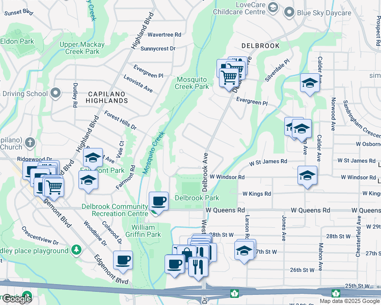 map of restaurants, bars, coffee shops, grocery stores, and more near 744 Kilkeel Place in North Vancouver