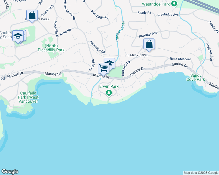 map of restaurants, bars, coffee shops, grocery stores, and more near 4386 Erwin Drive in West Vancouver